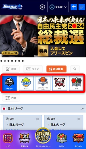 ブックメーカー　入金不要ボーナス　ビーベットでスポーツ選択