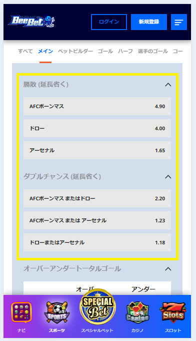 賭け方の種類やオッズを確認